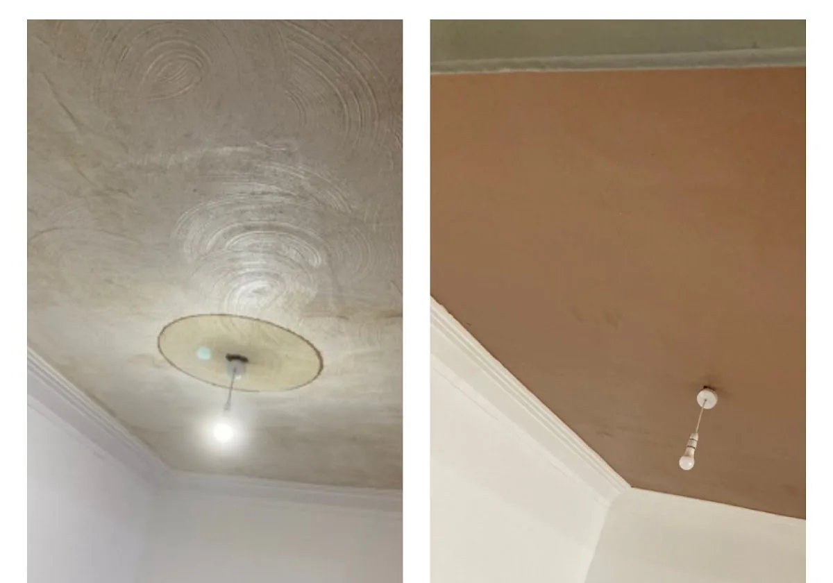 Ceiling skimmed flat around a light fitting, with a crisp line where the wall meets the ceiling